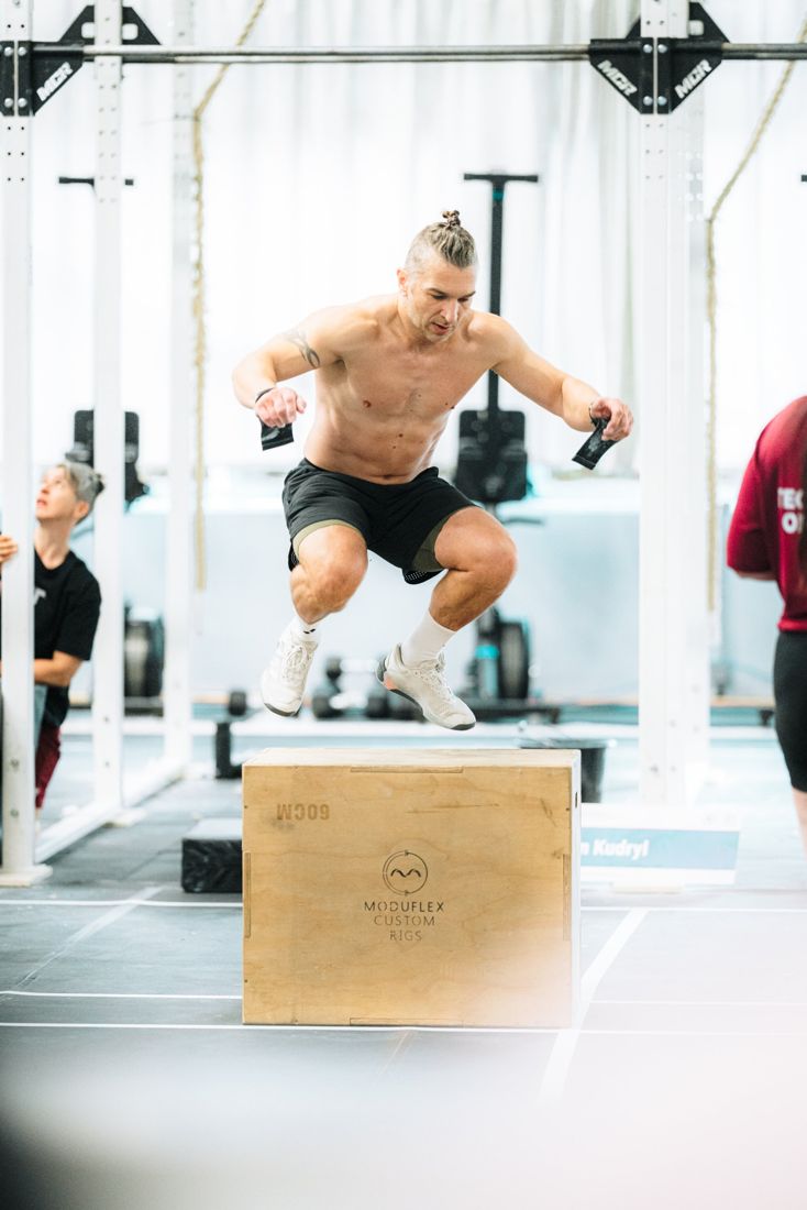 Adam jumping onto a box at the iF3 Masters European Championships in Bath