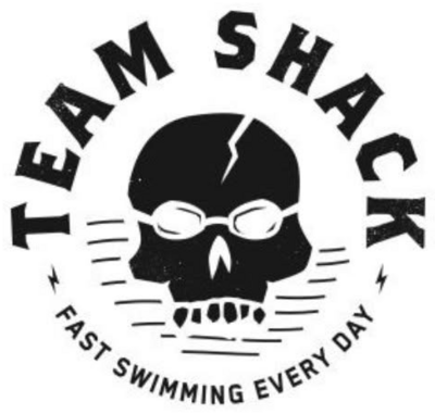 Team Shack logo: a skull wearing swimming goggles, with the words Team Shack, fast swimming every day